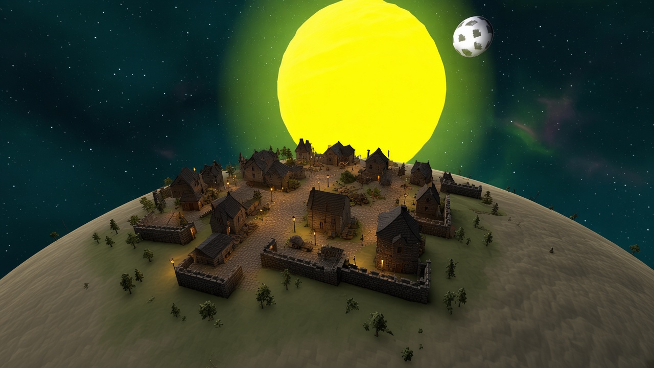 Spherical NEO planet with a colony under a yellow sun